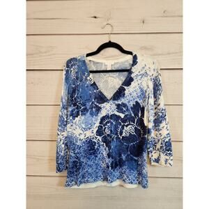 Chico's Blue and White Floral Sweater Cardigan